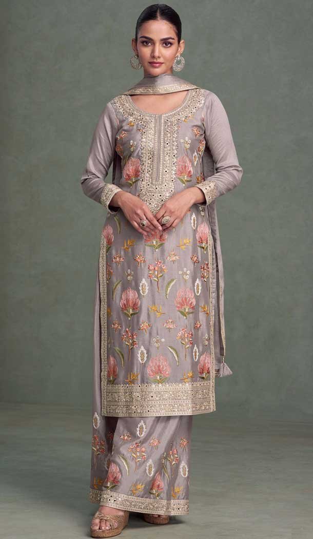 Grey Chinon Embroidery Work Party Wear Palazzo Salwar Suit - 158048595