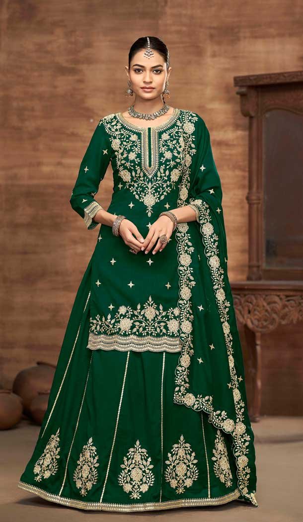 Green Vichitra Silk Embroidery Work Wedding Wear Lehenga Suit - 159089182