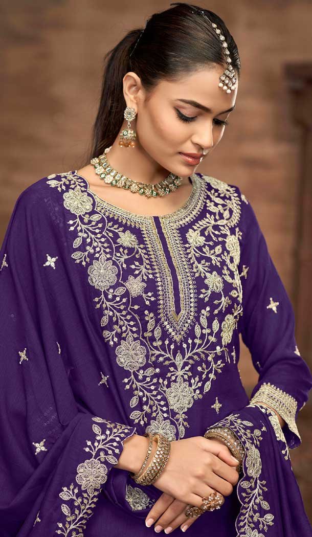 Purple Vichitra Silk Embroidery Work Wedding Wear Lehenga Suit - 159089183