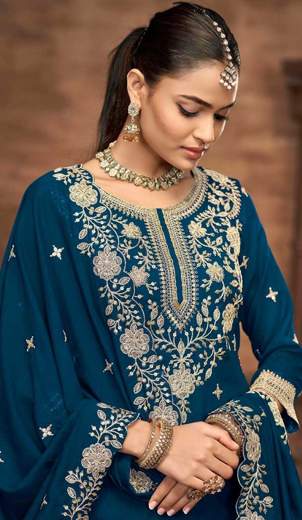 Teal Blue Vichitra Silk Embroidery Work Wedding Wear Lehenga Suit - 159089184