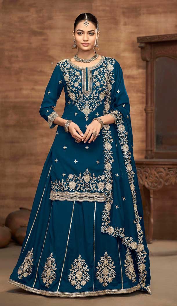 Teal Blue Vichitra Silk Embroidery Work Wedding Wear Lehenga Suit - 159089184