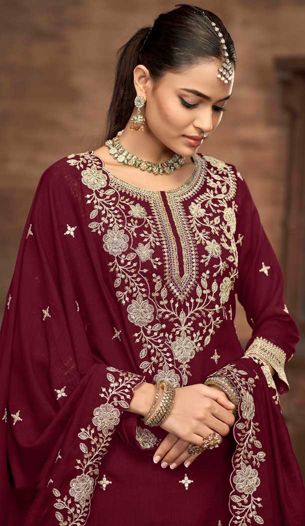 Maroon Vichitra Silk Embroidery Work Wedding Wear Lehenga Suit - 159089185