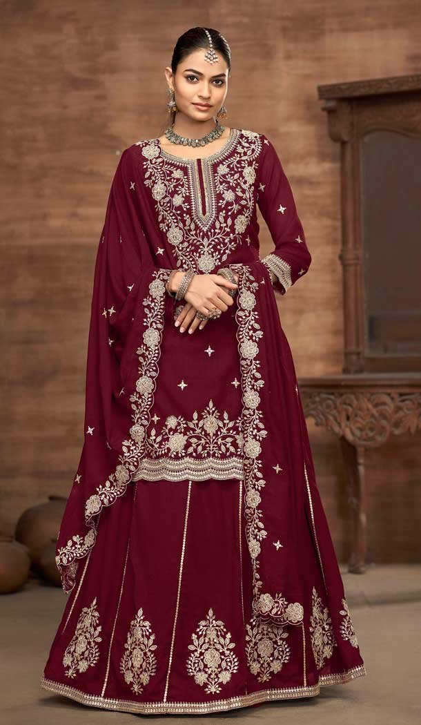 Maroon Vichitra Silk Embroidery Work Wedding Wear Lehenga Suit - 159089185