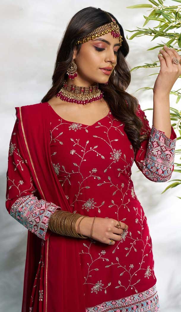 Maroon Faux Georgette Embroidered Party Wear Palazzo Suit - 12011204586