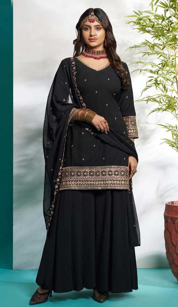 Black Faux Georgette Embroidered Party Wear Palazzo Suit - 12011204587