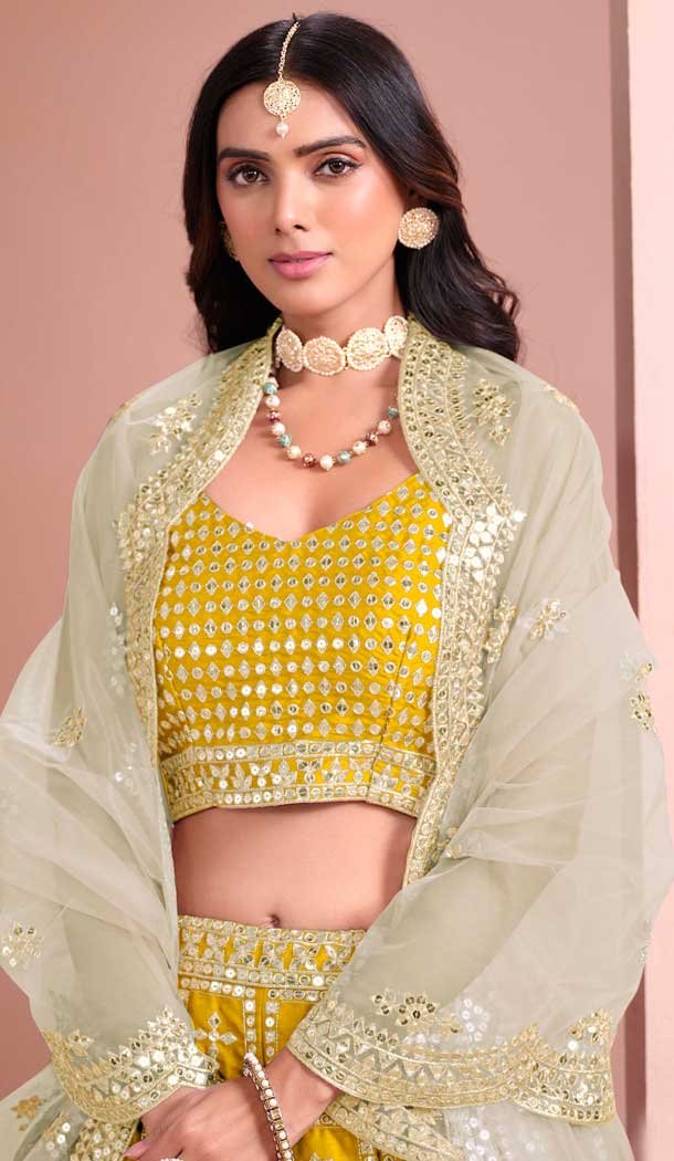 Art Silk Sequins Work Designer Wear Lehenga Choli In Yellow - 12012204590