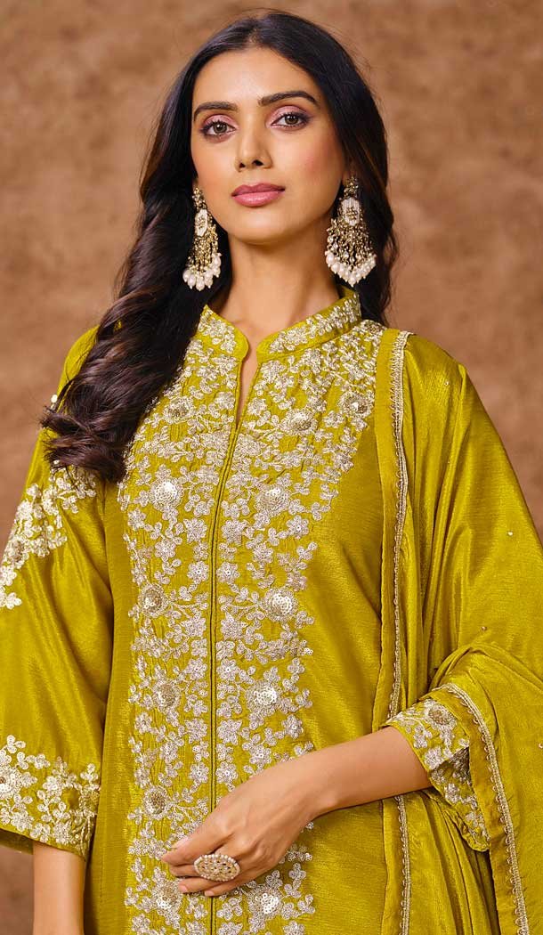 Mehendi Green Chinon Silk Embroidered Pakistani Style Palazzo Suit - 12019204615