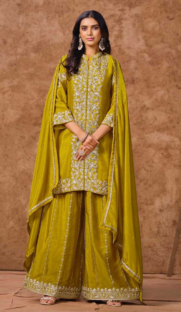 Mehendi Green Chinon Silk Embroidered Pakistani Style Palazzo Suit - 12019204615