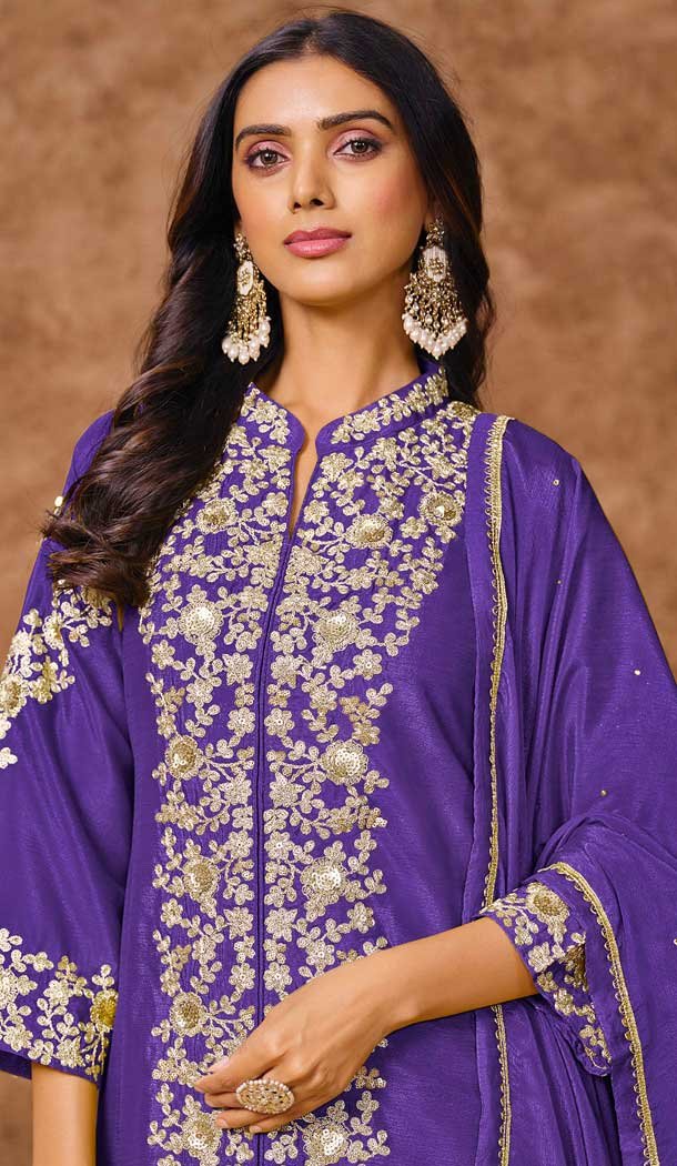 Royal Blue Chinon Silk Embroidered Pakistani Style Palazzo Suit - 12019204616