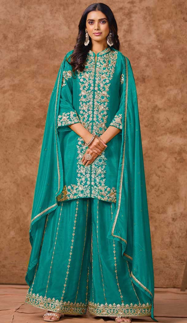 Rama Blue Chinon Silk Embroidered Pakistani Style Palazzo Suit - 12019204617