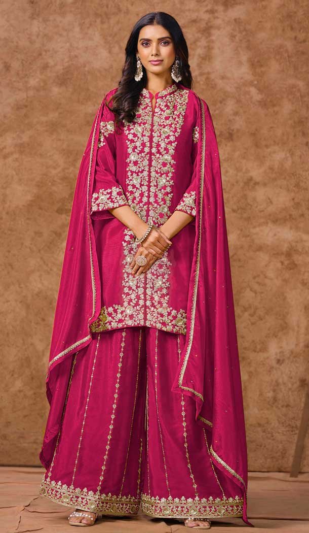 Rani Pink Chinon Silk Embroidered Pakistani Style Palazzo Suit - 12019204618