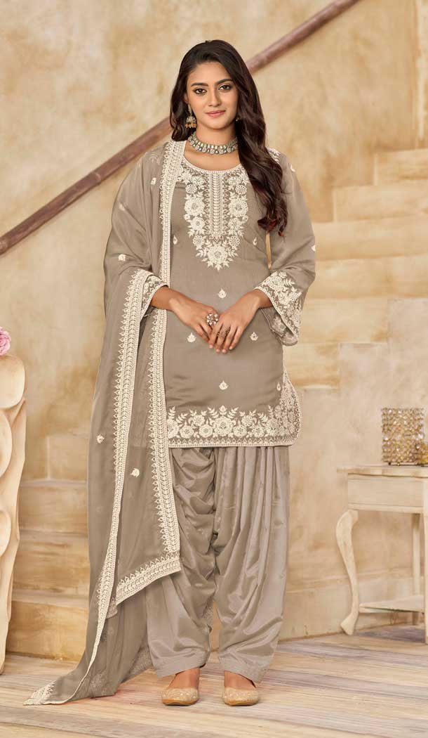 Grey Silk Embroidered Punjabi Patiala Suit - 158218699
