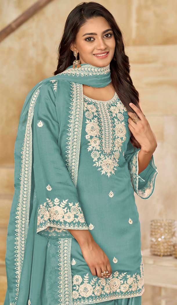 Aqua Blue Silk Embroidered Punjabi Patiala Suit - 158218700
