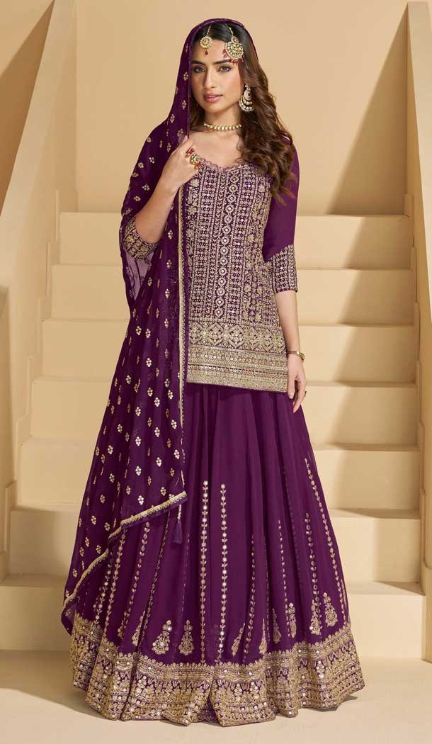 Georgette Heavy Embroidery Designer Sharara Suit In Purple - 158308733