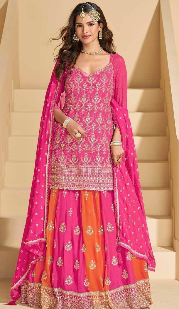 Georgette Heavy Embroidery Designer Sharara Suit In Pink - 158308734