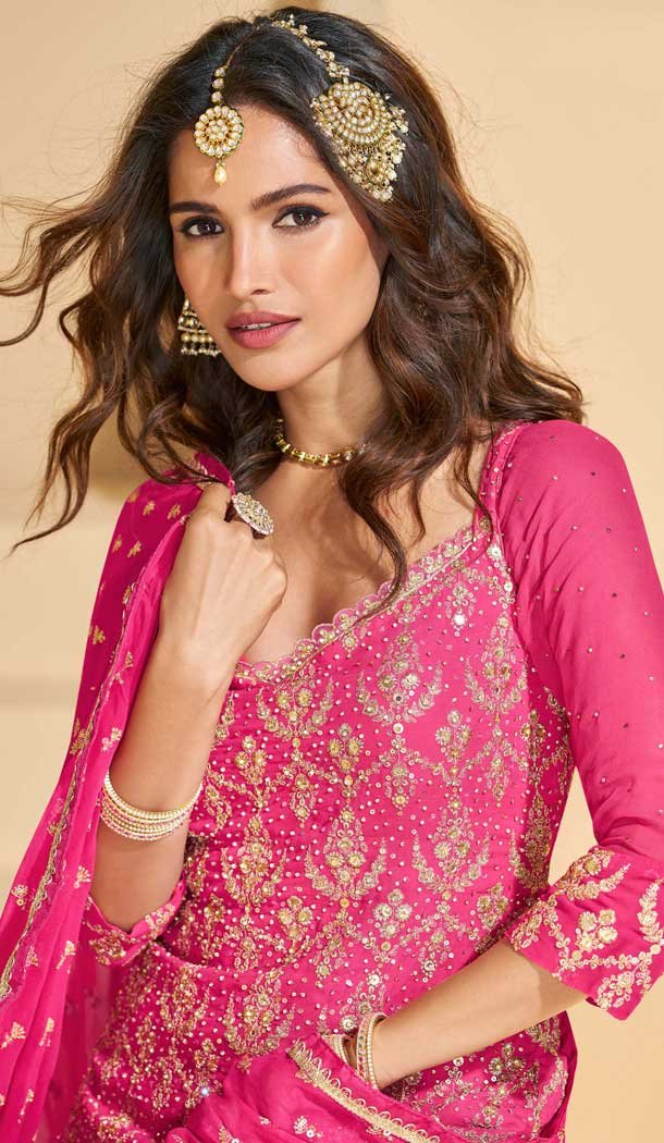 Georgette Heavy Embroidery Designer Sharara Suit In Pink - 158308734