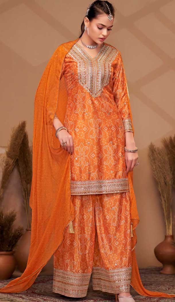 Chinon Digital Print Work Designer Palazzo Salwar Kameez In Orange - 12036204727
