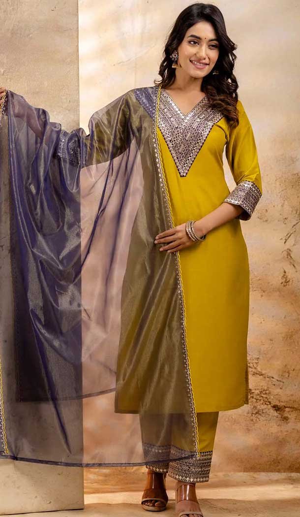 Viscose Rayon Sequins Work Designer Salwar Suit In Lemon Yellow - 12069204985