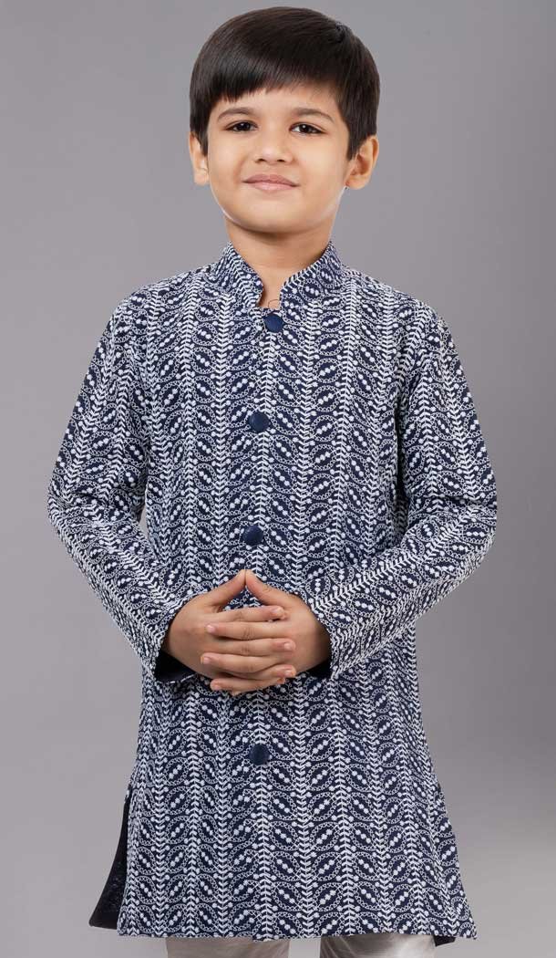 Navy Blue Cotton Silk Embroidered Kids Boys Kurta Pajama - 12058204843