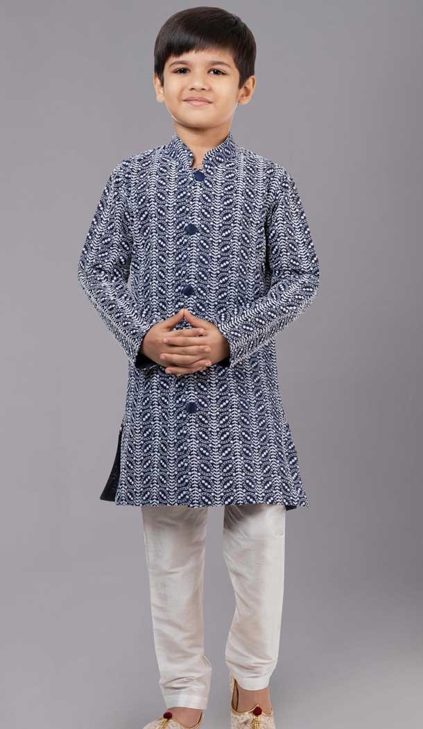 Navy Blue Cotton Silk Embroidered Kids Boys Kurta Pajama - 12058204843