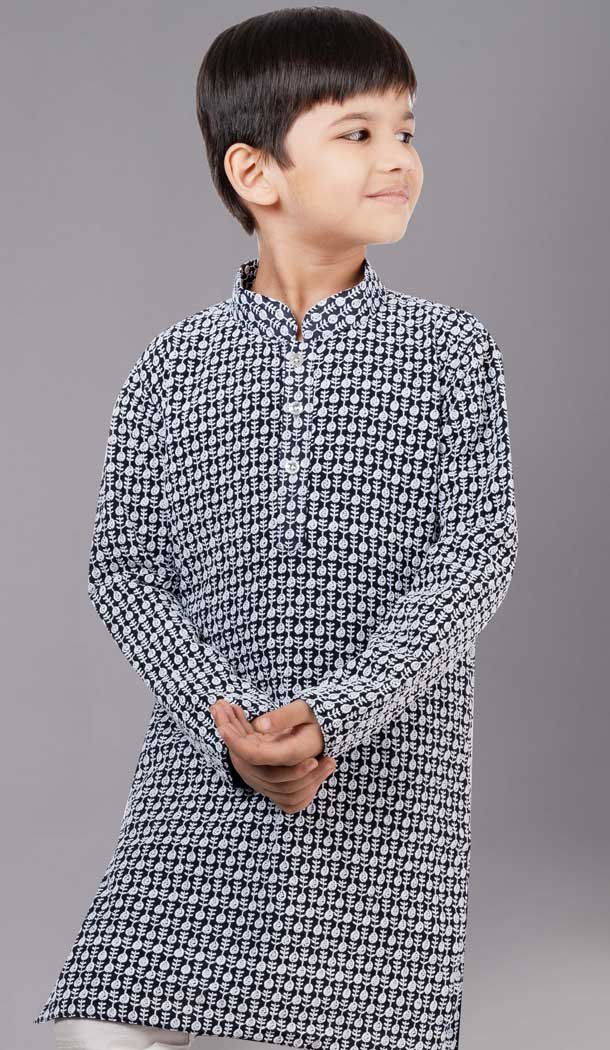 Navy Blue Georgette Embroidered Kids Boys Kurta Pajama - 12058204847