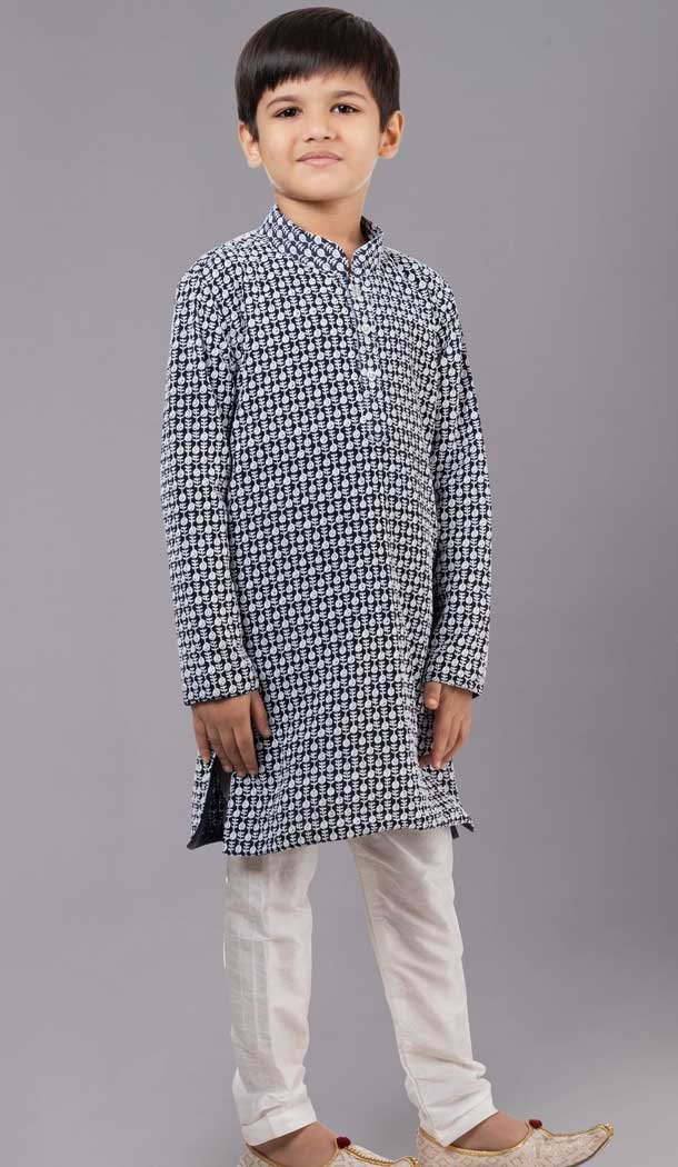 Navy Blue Georgette Embroidered Kids Boys Kurta Pajama - 12058204847