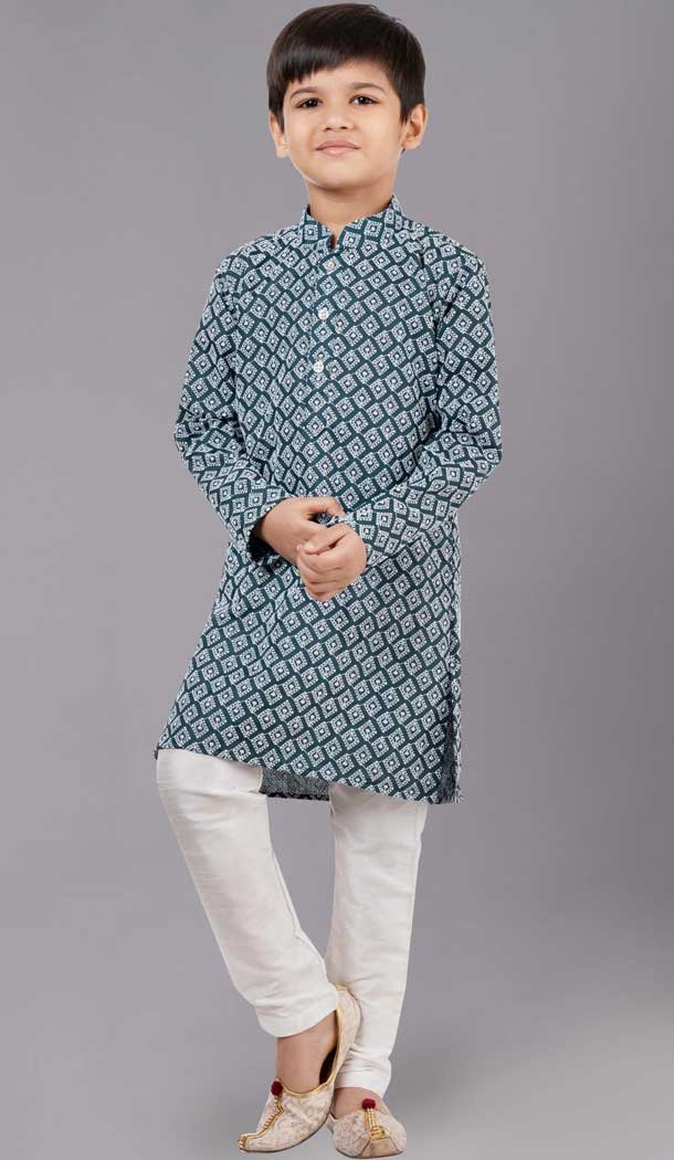 Rama Green Cotton Silk Embroidered Kids Boys Kurta Pajama - 12058204849