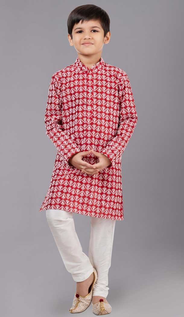 Red Cotton Silk Embroidered Kids Boys Kurta Pajama - 12058204850