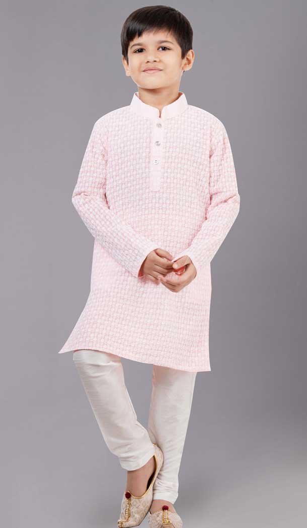 Pink Georgette Embroidered Kids Boys Kurta Pajama - 12058204851