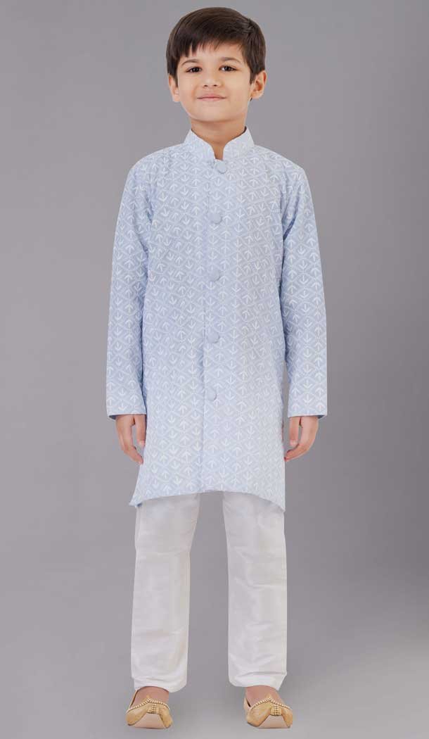 Light Grey Cotton Silk Embroidered Kids Boys Kurta Pajama - 12058204852