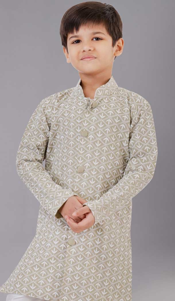 Cotton Silk Embroidered Kids Boys Kurta Pajama In Grey - 12058204854