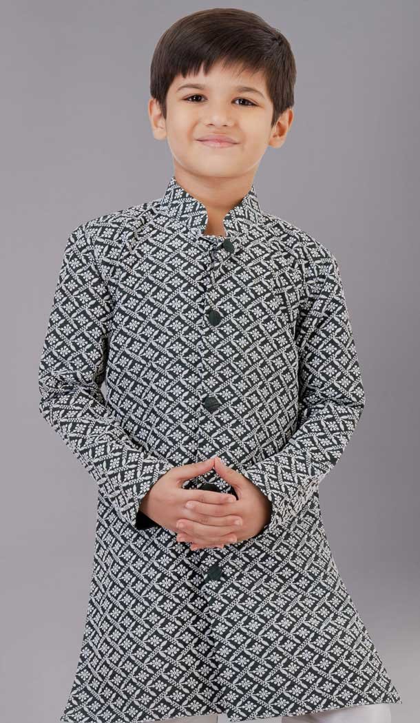 Rama Green Cotton Silk Embroidered Kids Boys Kurta Pajama - 12058204855