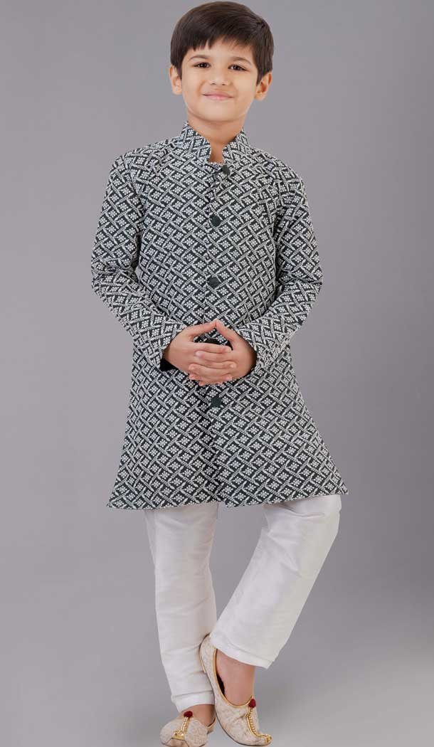Rama Green Cotton Silk Embroidered Kids Boys Kurta Pajama - 12058204855