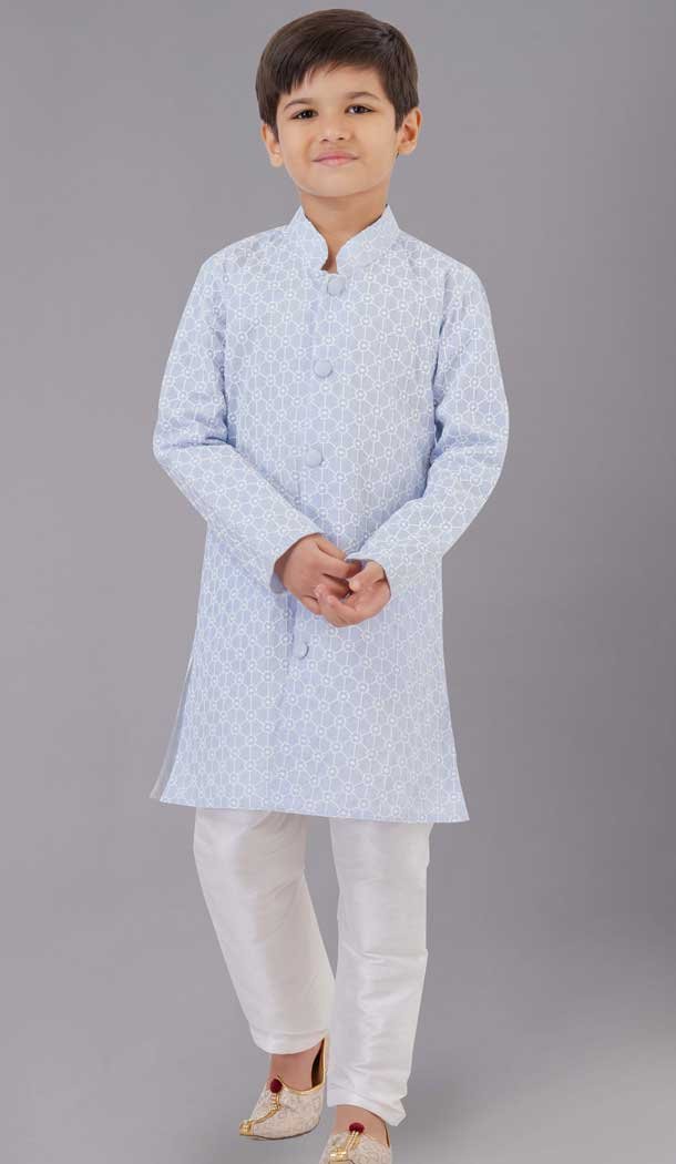 Sky Blue Cotton Silk Embroidered Kids Boys Kurta Pajama - 12058204856