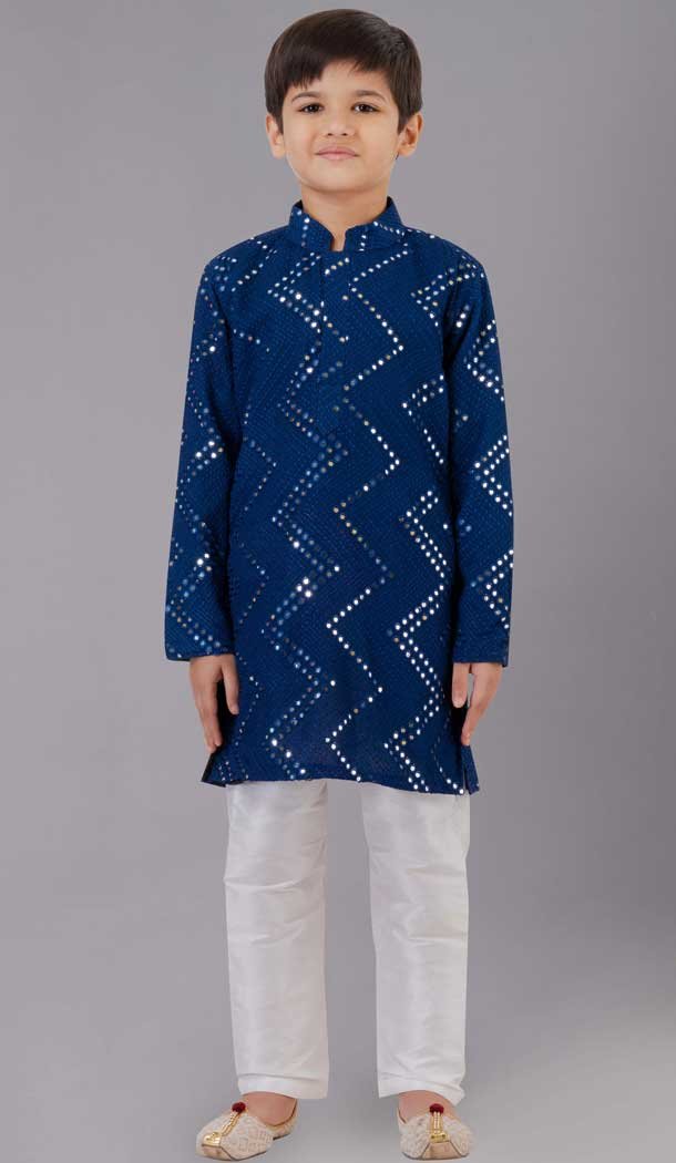 Royal Blue Georgette Embroidered Kids Boys Kurta Pajama - 12058204858