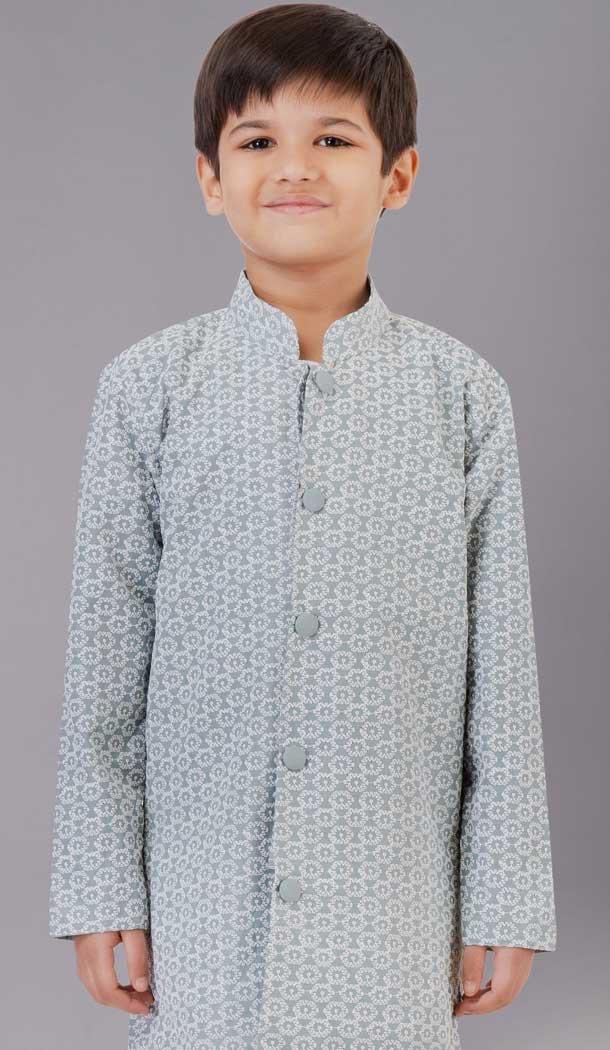 Grey Embroidered Cotton Silk Kids Boys Kurta Pajama - 12058204862
