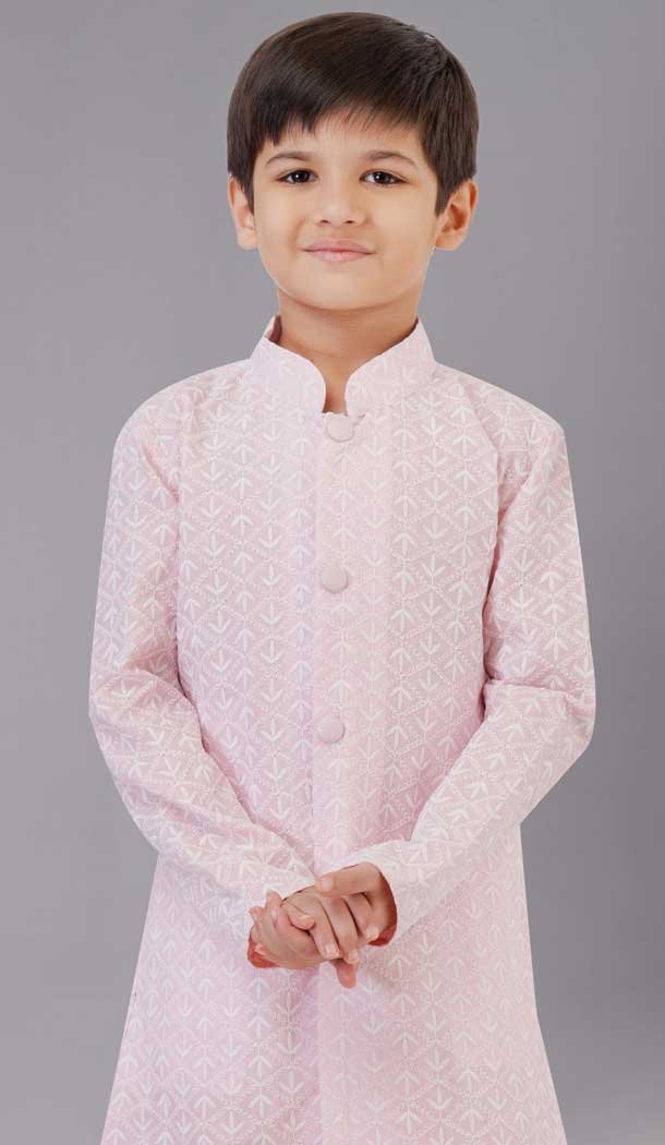 Pink Cotton Silk Embroidered Kids Boys Kurta Pajama - 12058204863