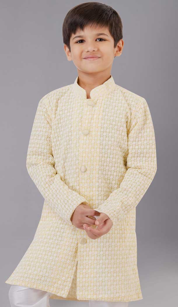 Yellow Embroidered Georgette Kids Boys Kurta Pajama - 12058204864