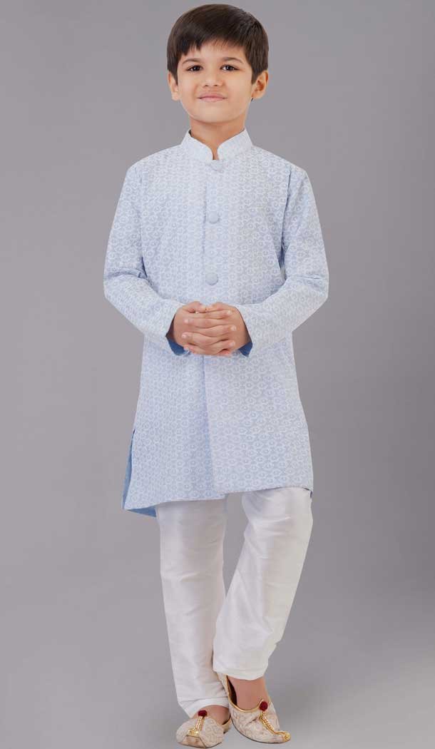 Sea Blue Cotton Silk Embroidered Kids Boys Kurta Pajama - 12058204865