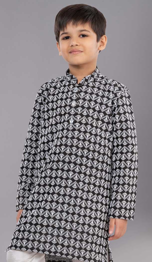 Black Cotton Silk Embroidered Kids Boys Kurta Pajama - 12058204867