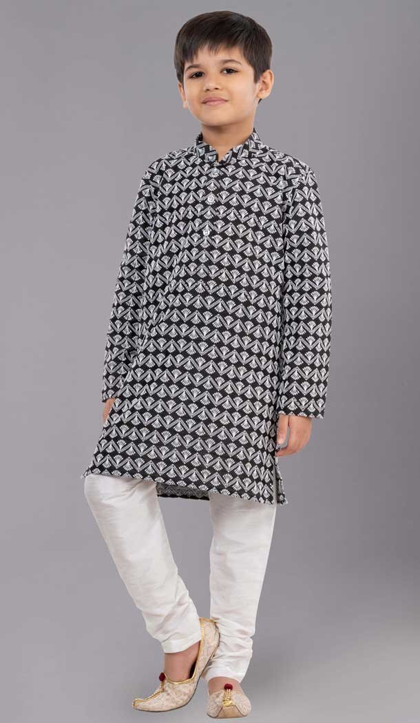 Black Cotton Silk Embroidered Kids Boys Kurta Pajama - 12058204867