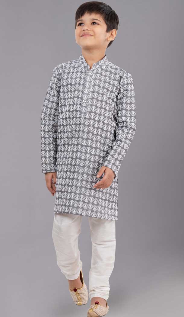 Grey Cotton Silk Embroidered Designer Kids Boys Kurta Pajama - 12058204868