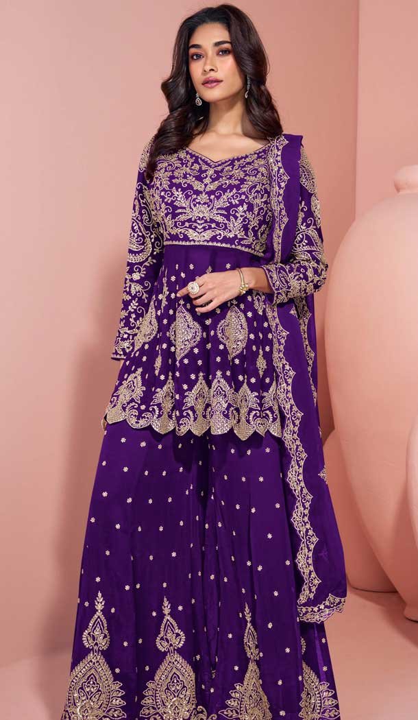 Blue Georgette Embroidery Work Designer Wear Sharara Suit - 158378771
