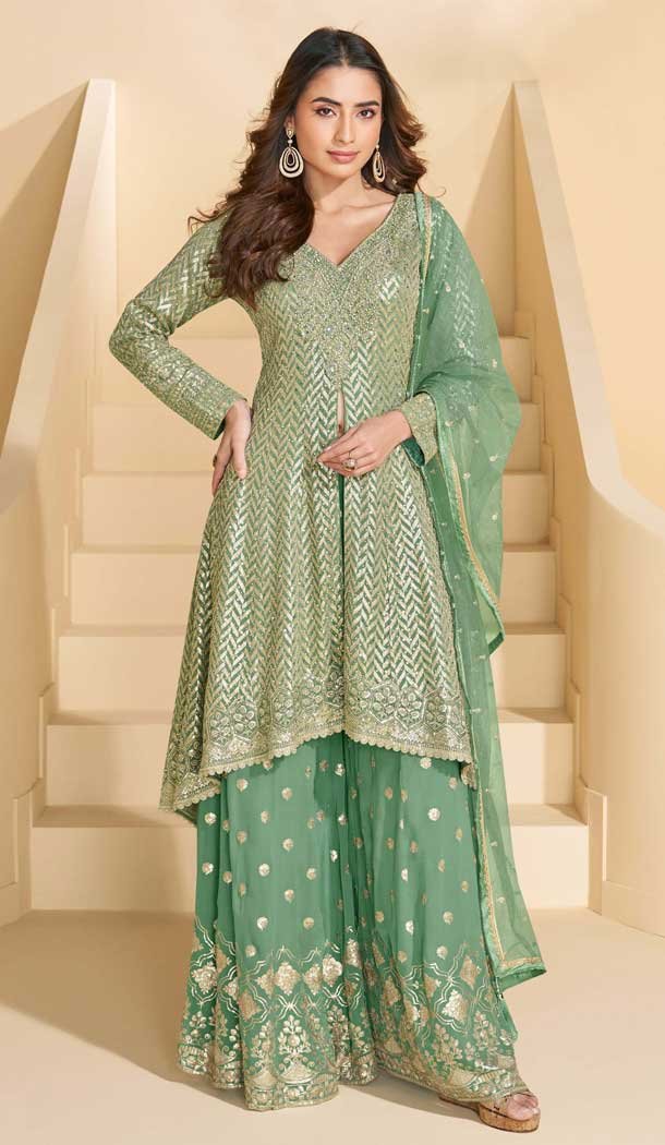 Georgette Embroidered Designer Palazzo Suit In Pista Green Color - 158458820