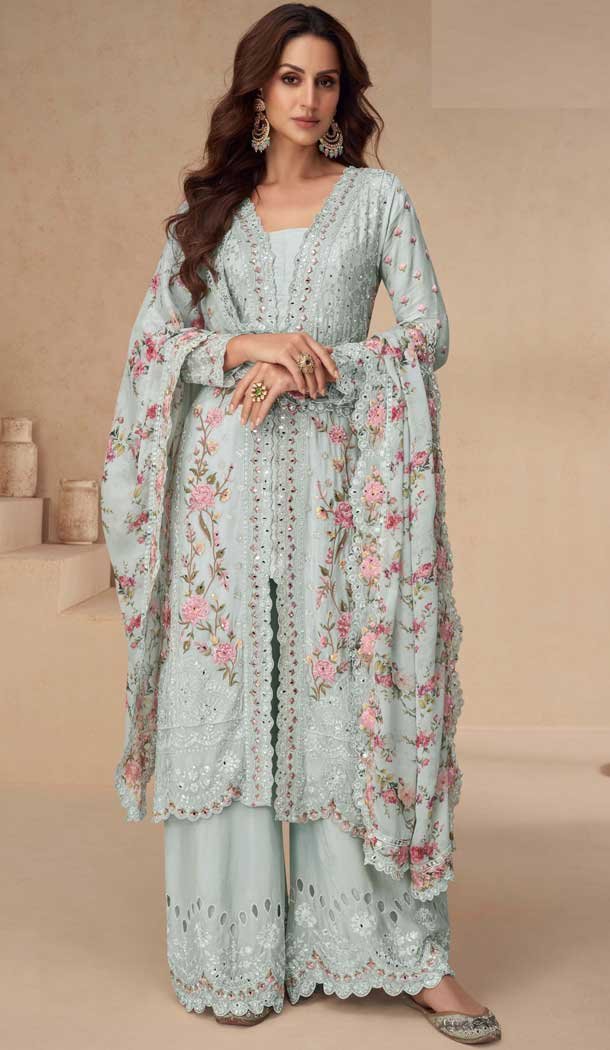 Chinon Heavy Embroidery Work Pakistani Style Palazzo Salwar Kameez In Grey - 158798990
