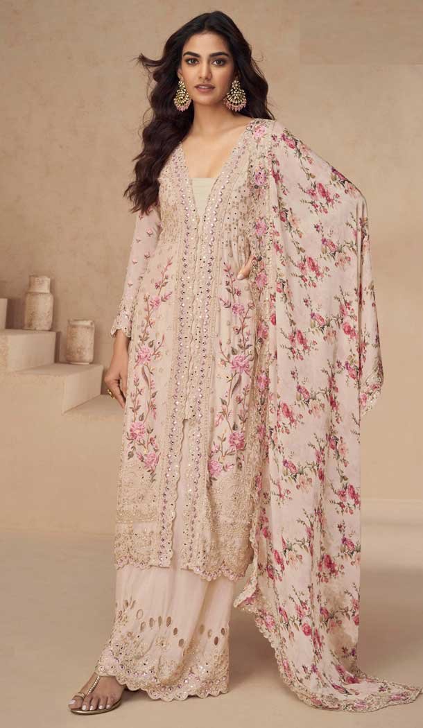 Chinon Heavy Embroidery Work Pakistani Style Palazzo Salwar Kameez In Peach - 158798991