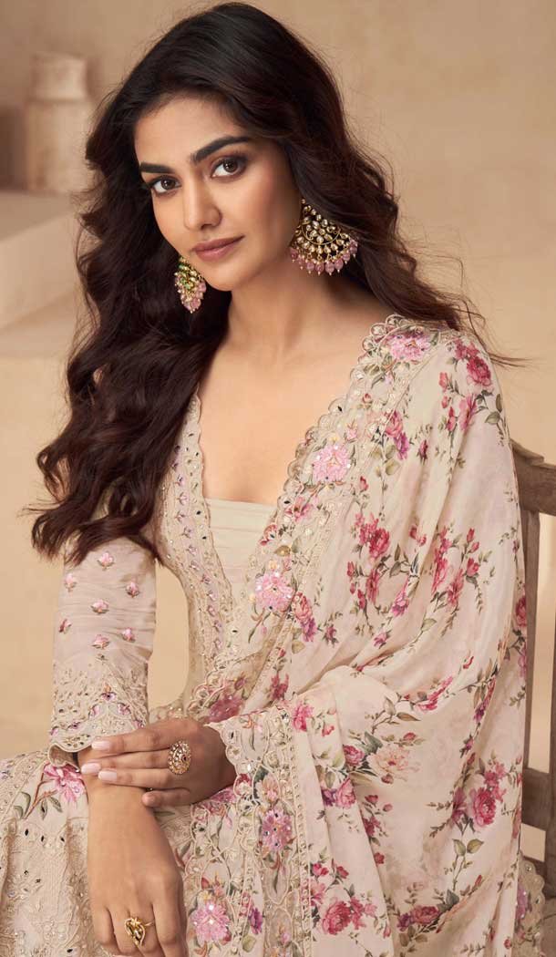 Chinon Heavy Embroidery Work Pakistani Style Palazzo Salwar Kameez In Peach - 158798991