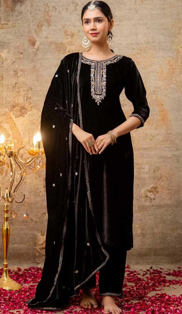 Velvet Embroidered Party Wear Salwar Suit In Black - 11607202127