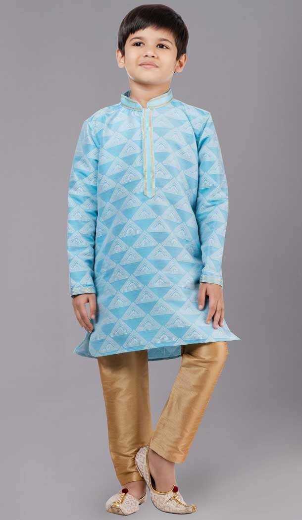 Sea Green Jacquard Silk Weaving Work Boys Kurta Pajama - 12059204871