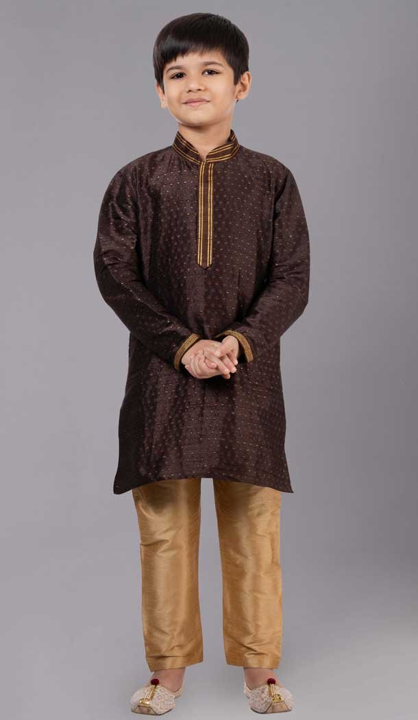 Coffee Polyester Cotton Weaving Work Boys Kurta Pajama - 12059204872